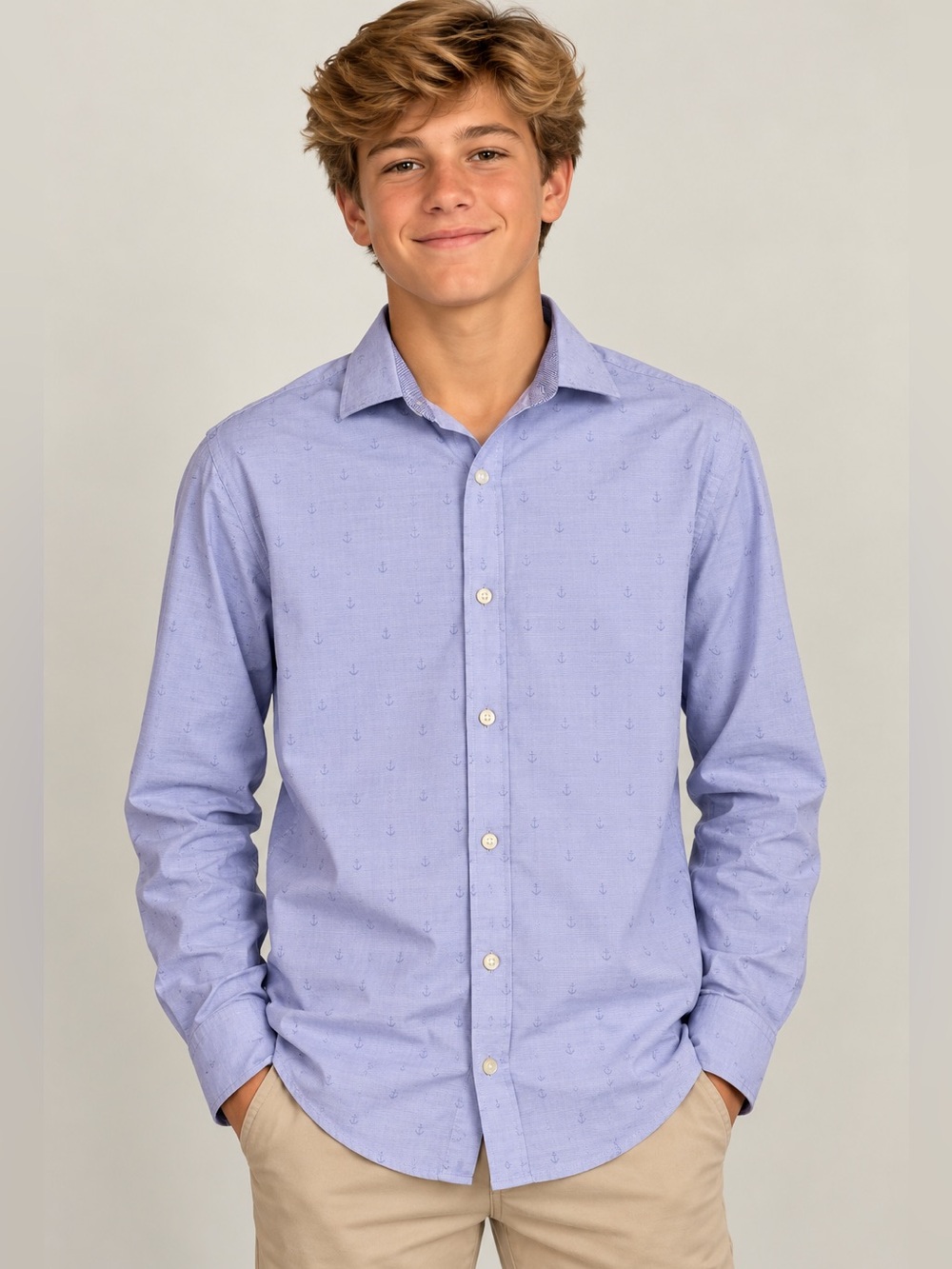 Thomas Dean Boys’ 18/20 XL Long Sleeve Anchor Print Button-Down